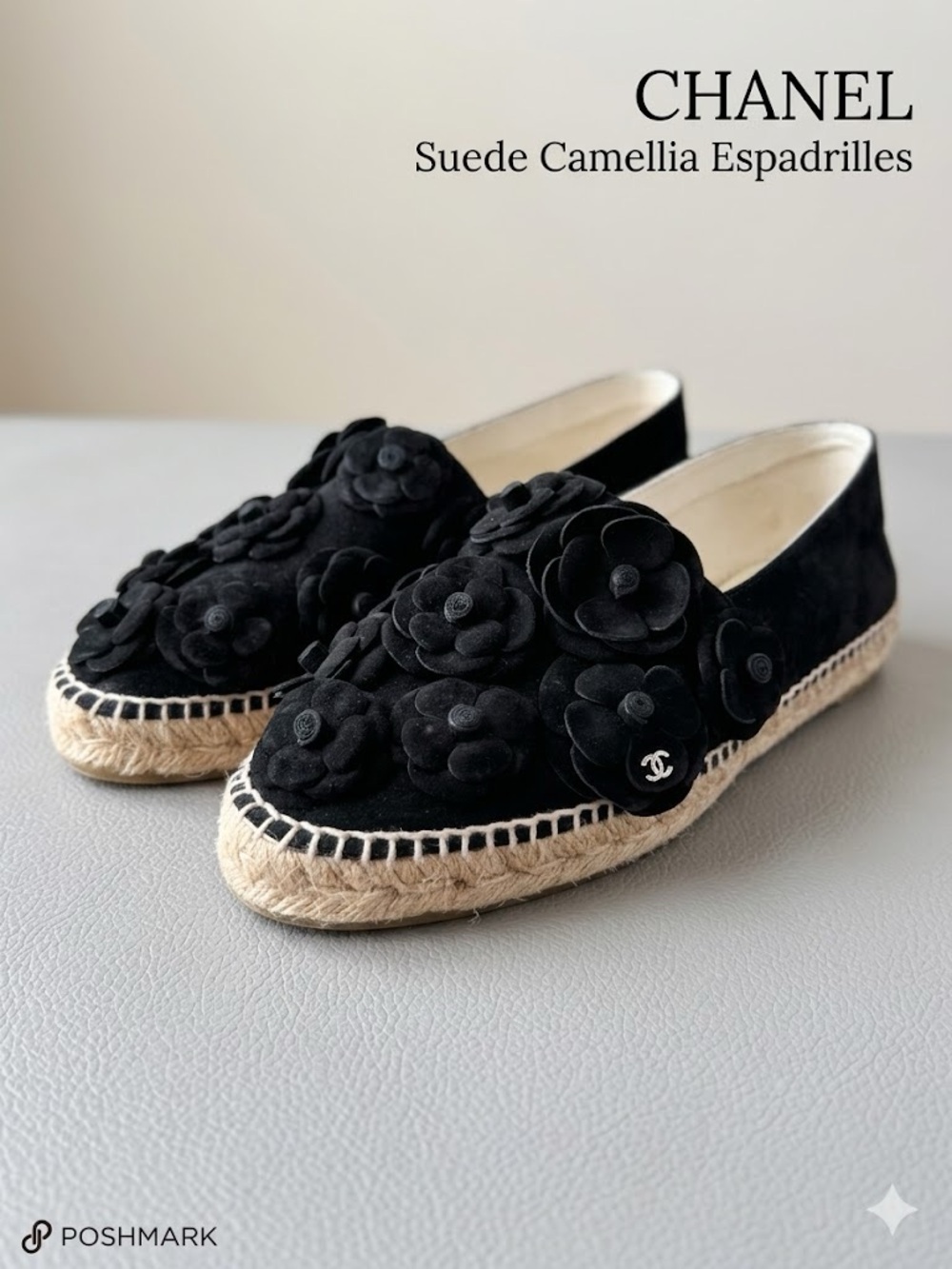 Authentic CHANEL Black Suede Camellia Floral Espadrille Sz 41 - Picture 3 of 4
